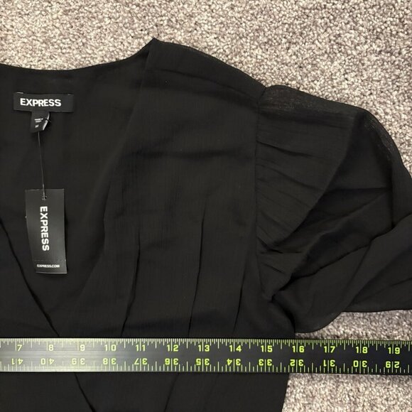 Express Women's Tie Waist Top Size XS Black V-Neck Faux Wrap Sheer Sleeve NWT$54 - Picture 12 of 16